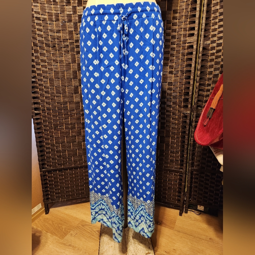 Valerie Stevens Blue Geometric Wide Leg Pants